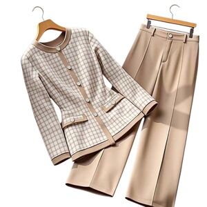 Elegant Pants Set Plaid Jacket Straight Leg Pant
